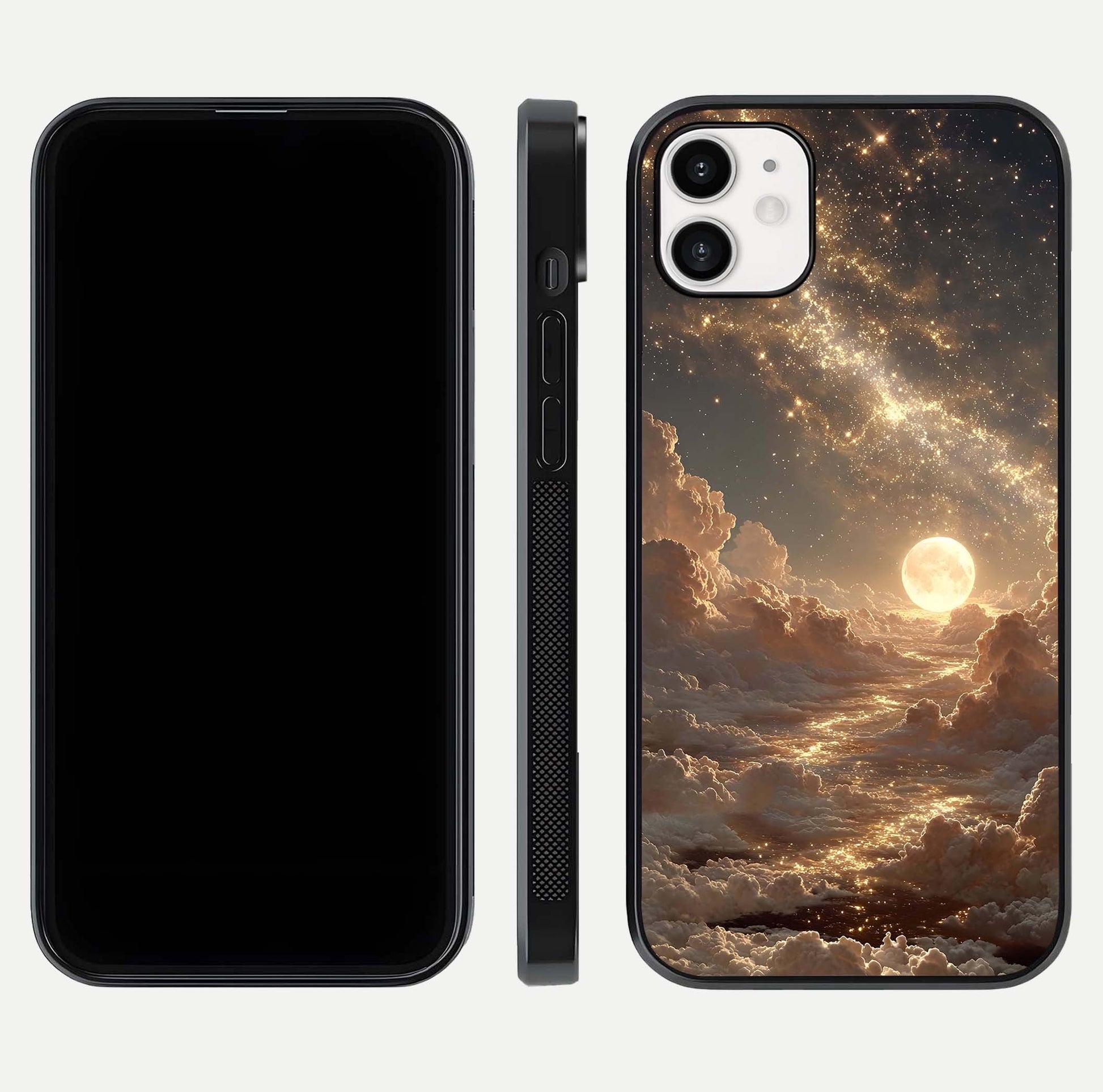 Golden Sky Dream Glass Case for iphone-12 front and back view layout highlighting celestial gold hues and curved glass