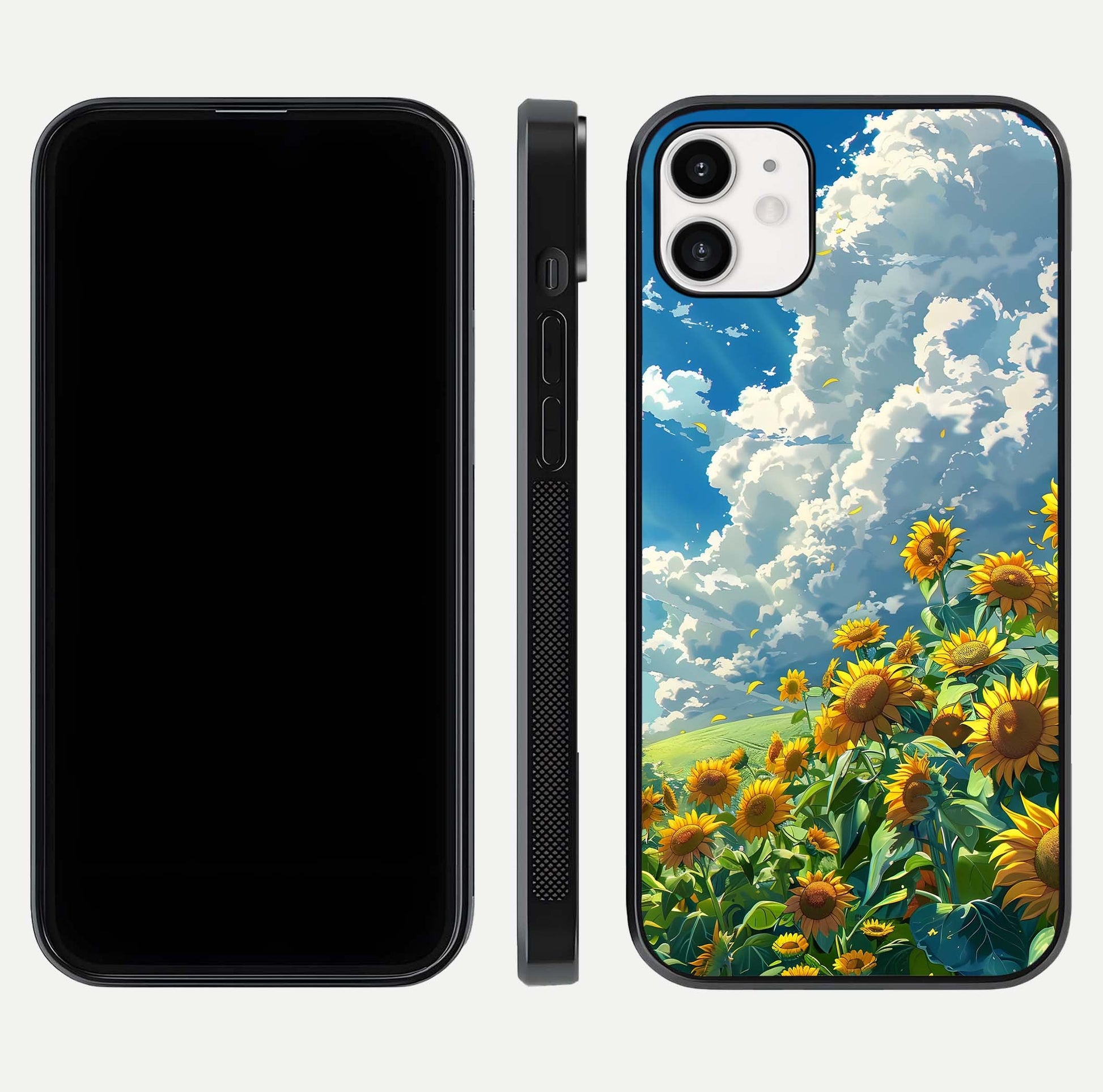 Golden Sun Glory Glass Case for iphone-12 front and back view layout displaying bright golden tones and curved edges
