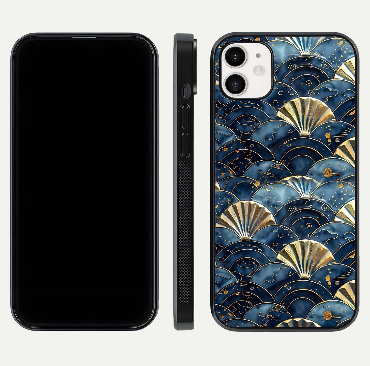Golden Wave Luxe Glass Case for iphone-12 front and back view layout highlighting fluid gold design and curved glass