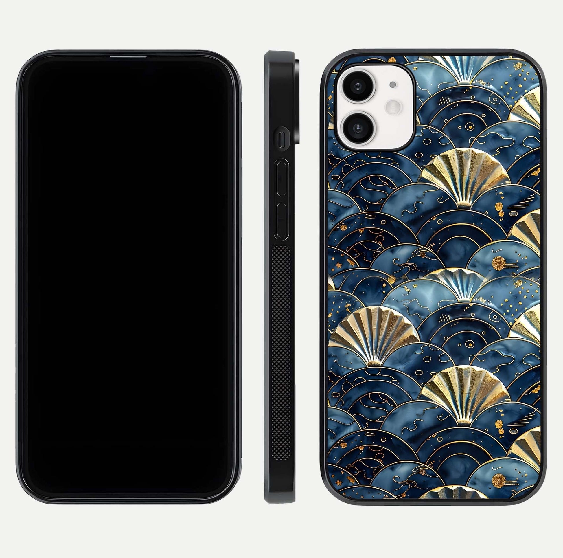 Golden Wave Luxe Glass Case for iphone-12 front and back view layout highlighting fluid gold design and curved glass