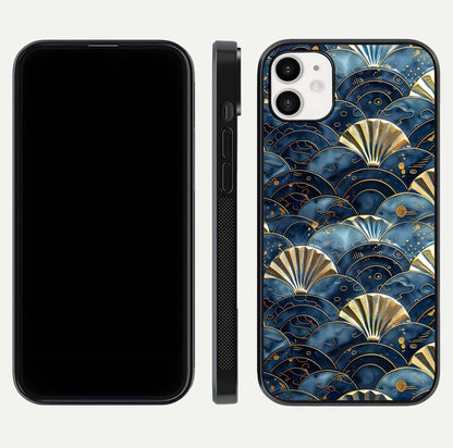 Golden Wave Luxe Glass Case for iphone-12 front and back view layout highlighting fluid gold design and curved glass