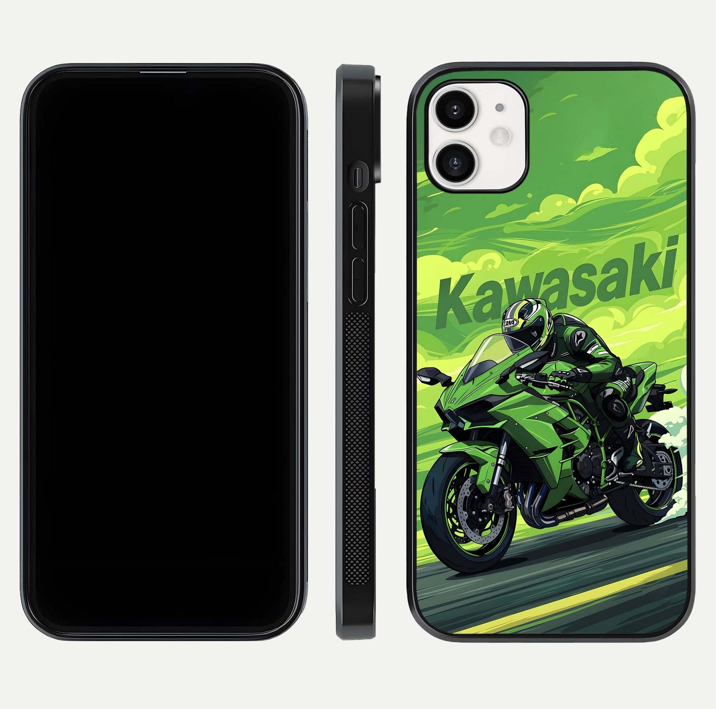 Green Kawasaki Glass Case for iphone-12 front and back view layout highlighting vivid green tones and curved glass edges