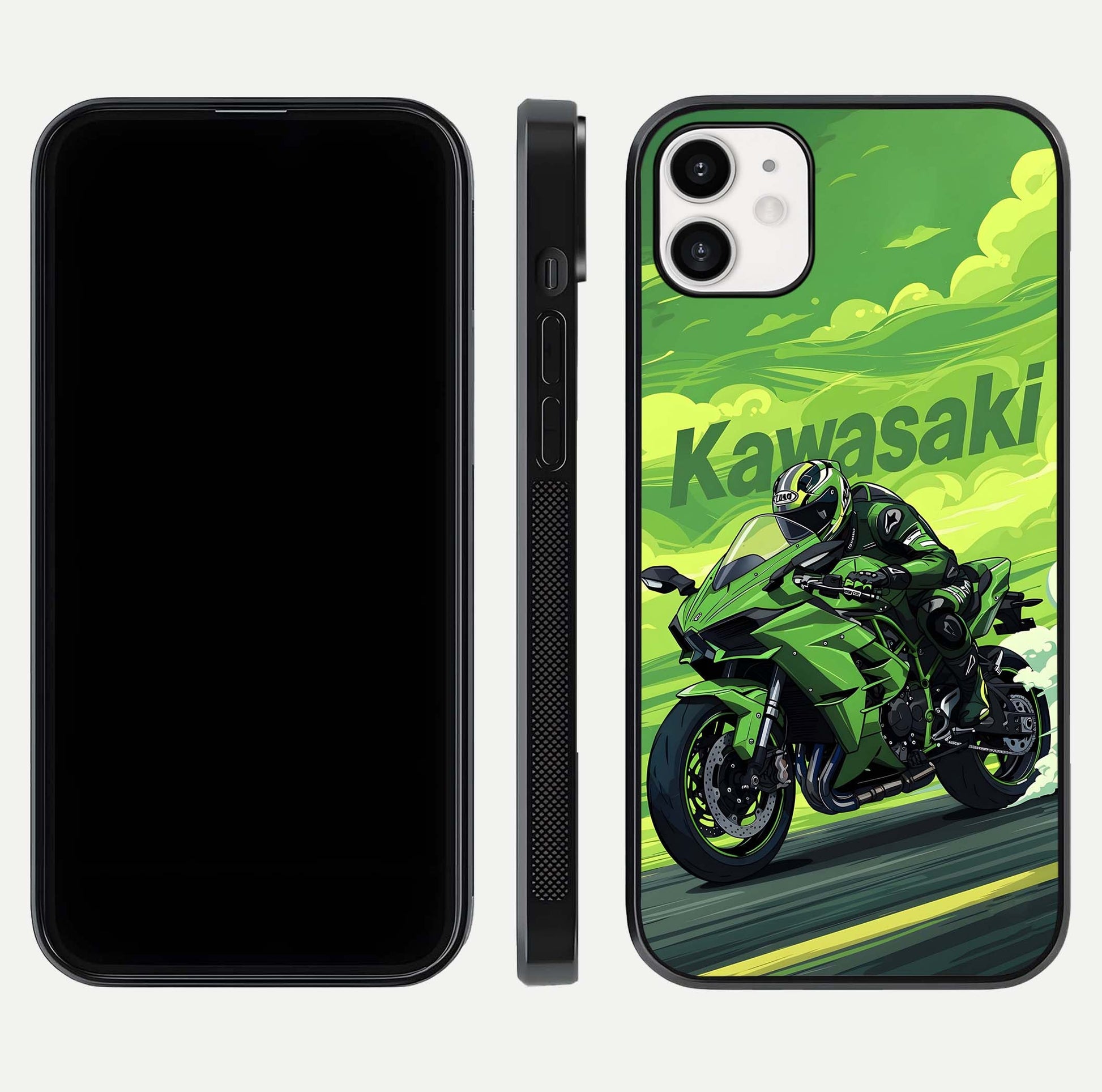Green Kawasaki Glass Case for iphone-12 front and back view layout highlighting vivid green tones and curved glass edges