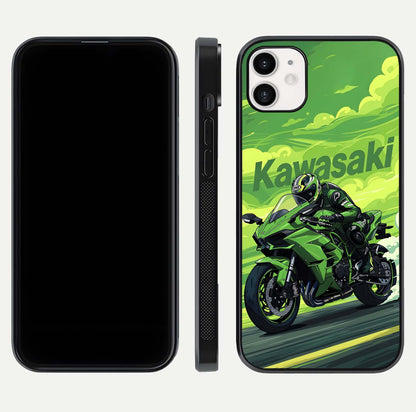 Green Kawasaki Glass Case for iphone-12 front and back view layout highlighting vivid green tones and curved glass edges