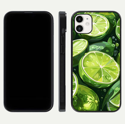 Green Lemon Glass Case for iphone-12 front and back view layout displaying vibrant yellow-green hues and smooth edges