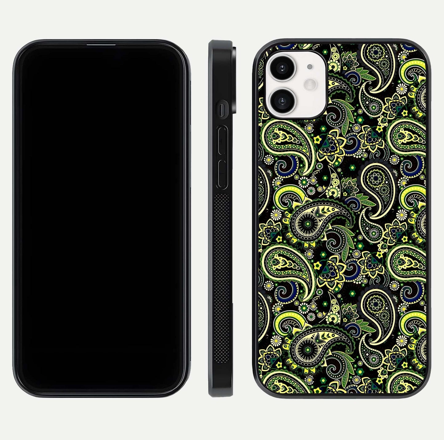 Green Mandala Pattern Glass Case for iphone-12 front and back view layout highlighting geometric art and curved glass