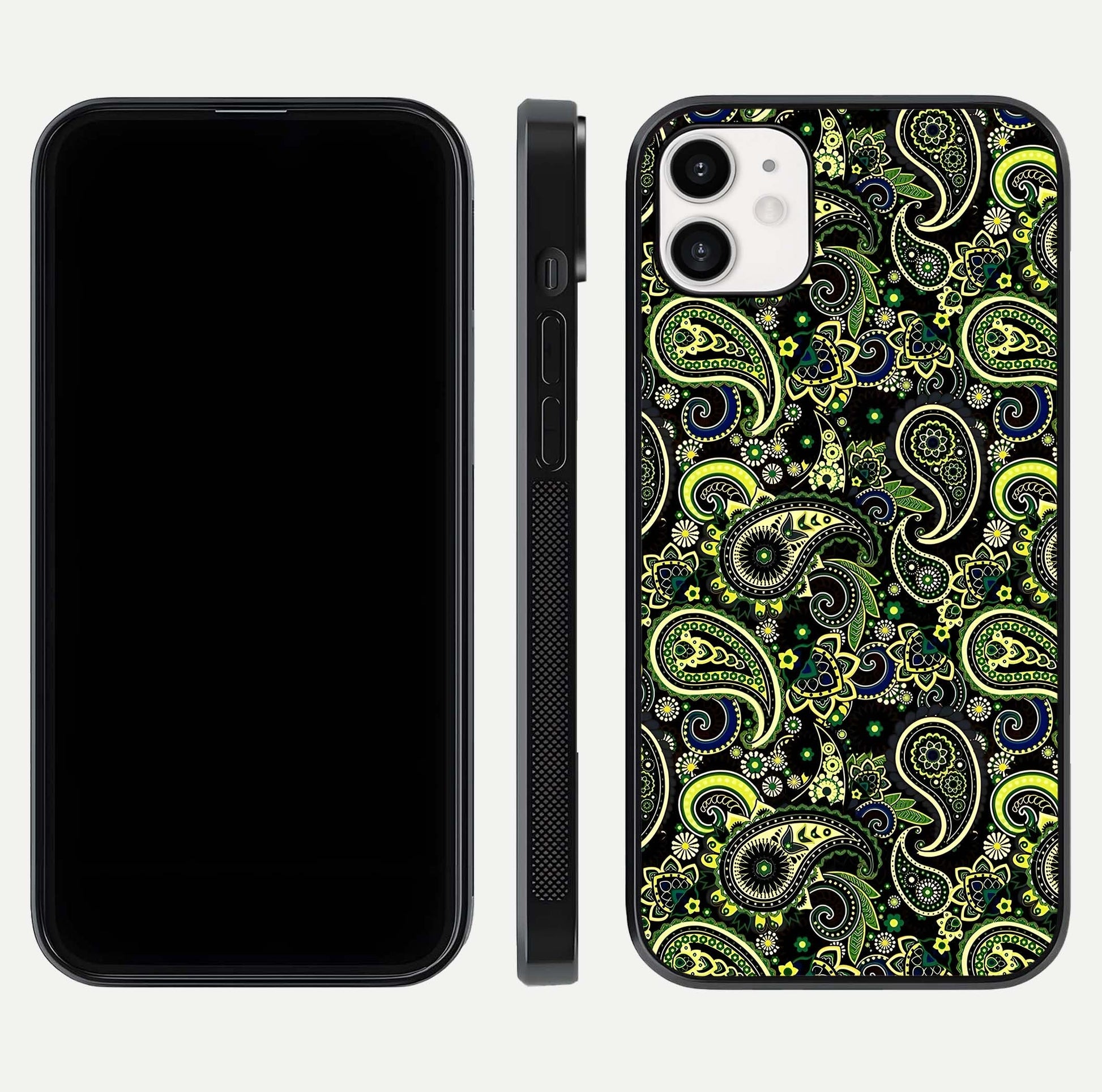 Green Mandala Pattern Glass Case for iphone-12 front and back view layout highlighting geometric art and curved glass