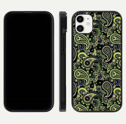 Green Mandala Pattern Glass Case for iphone-12 front and back view layout highlighting geometric art and curved glass