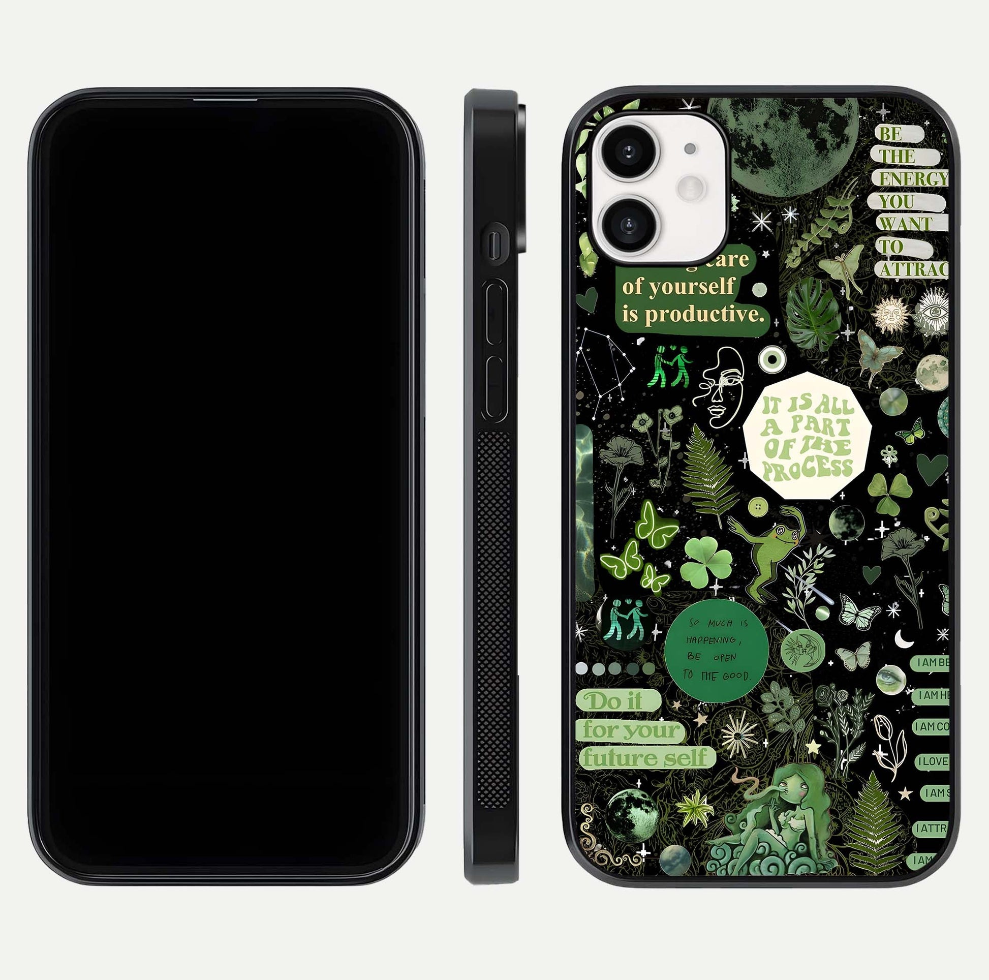 Green Moon Energy Glass Case for iphone-12 front and back view layout highlighting cosmic tones and smooth edges