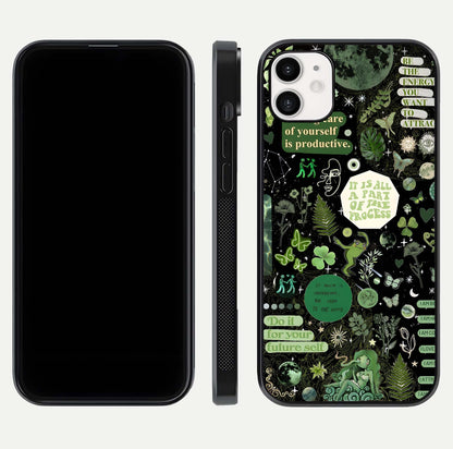 Green Moon Energy Glass Case for iphone-12 front and back view layout highlighting cosmic tones and smooth edges