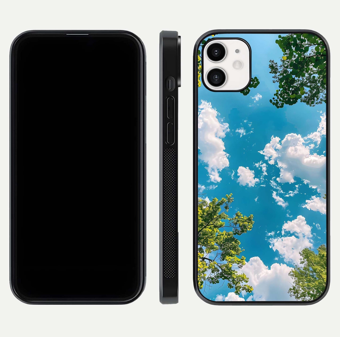 Greenery Sky Glass Case for iphone-12 front and back view layout displaying scenic green-blue gradient and curved edges