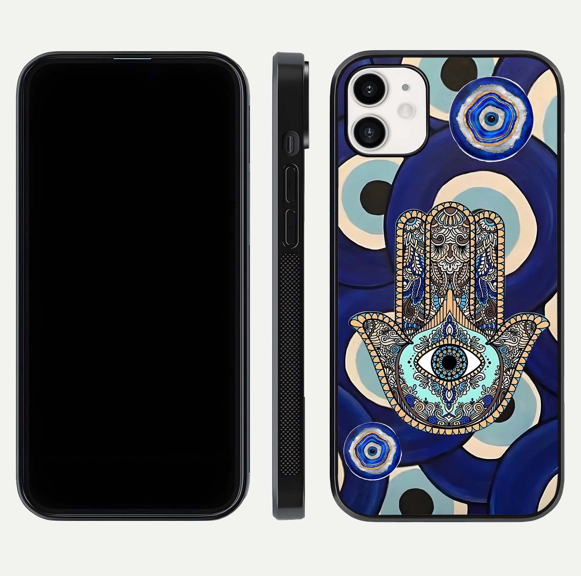 Hamsa Divine Guard Glass Case for iphone-12 front and back view layout highlighting spiritual artwork and smooth edges