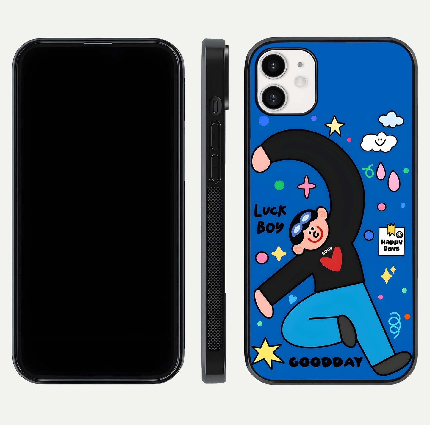 Happy Luck Vibe Glass Case for iphone-12 front and back view layout highlighting positive motif and curved edges