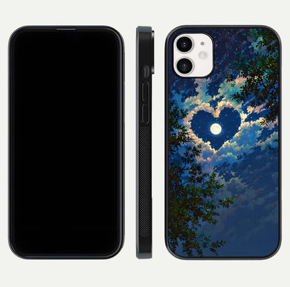 Heart with Moon Sky Glass Case for iphone-12 front and back view layout displaying celestial tones and curved glass