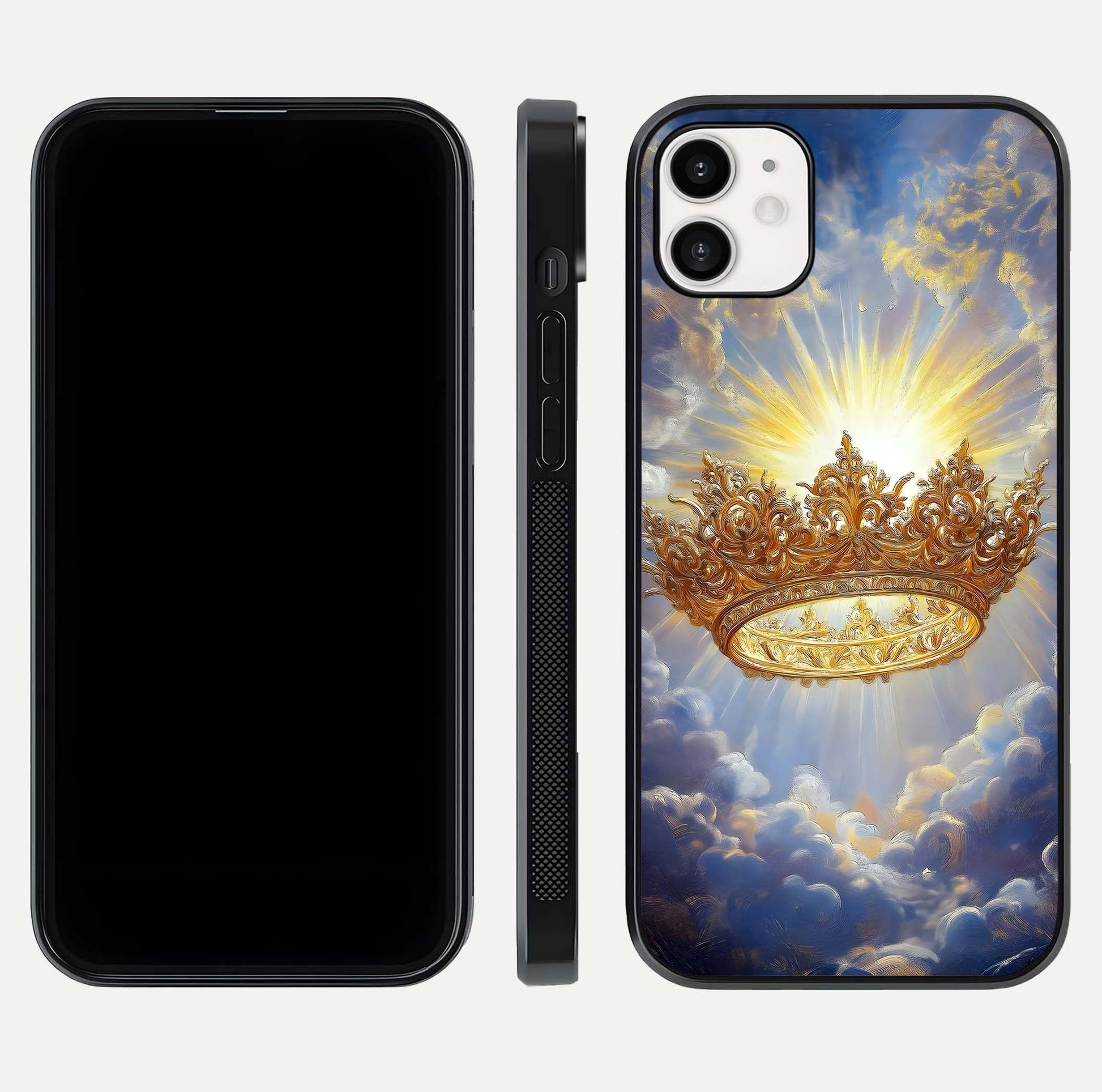 Heavenly Crown Light Glass Case for iphone-12 front and back view layout highlighting golden aura tones and curved glass edges