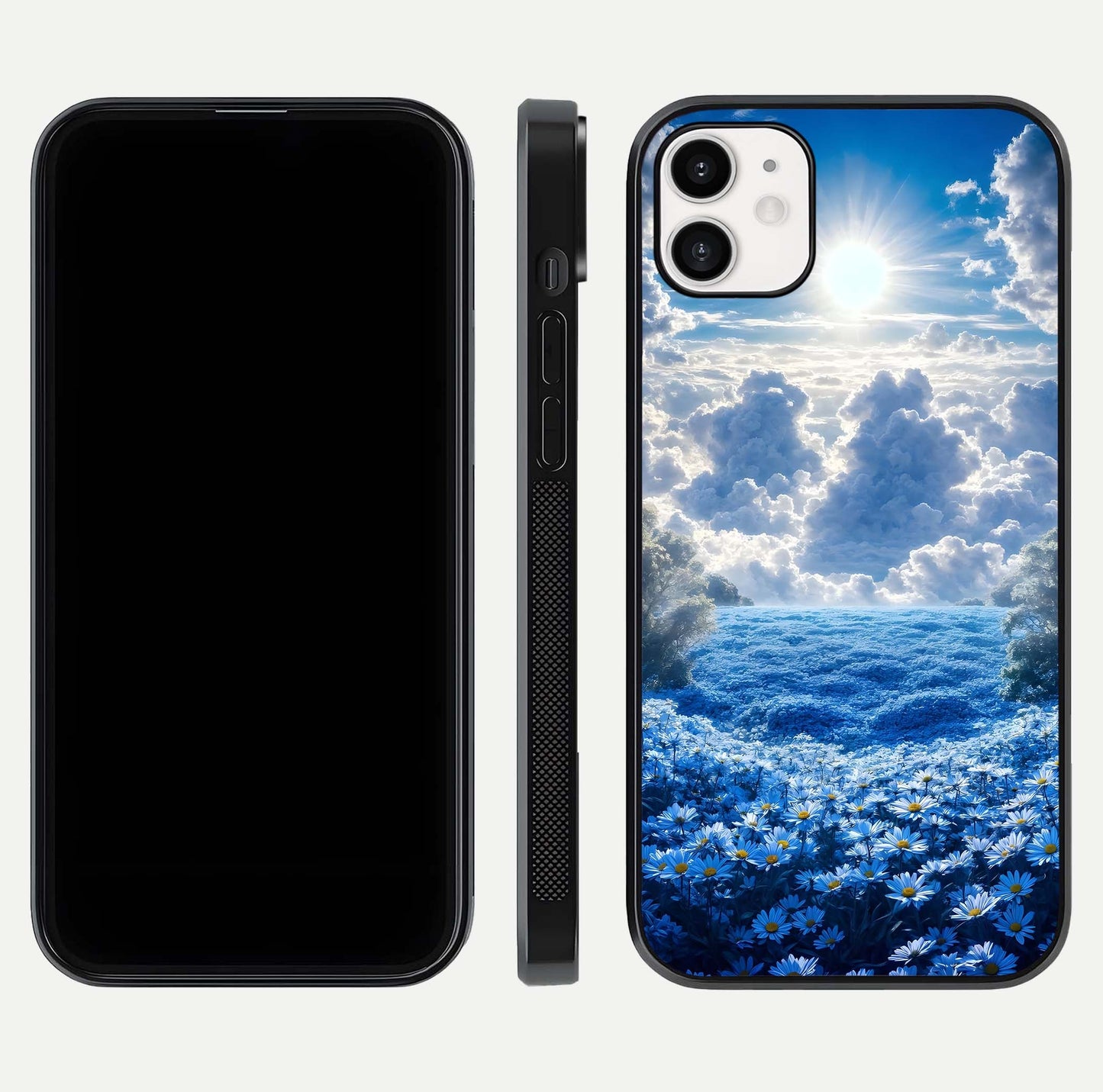Heavenly Daisy Horizon Glass Case for iphone-12 front and back view layout highlighting floral field tones and curved edges