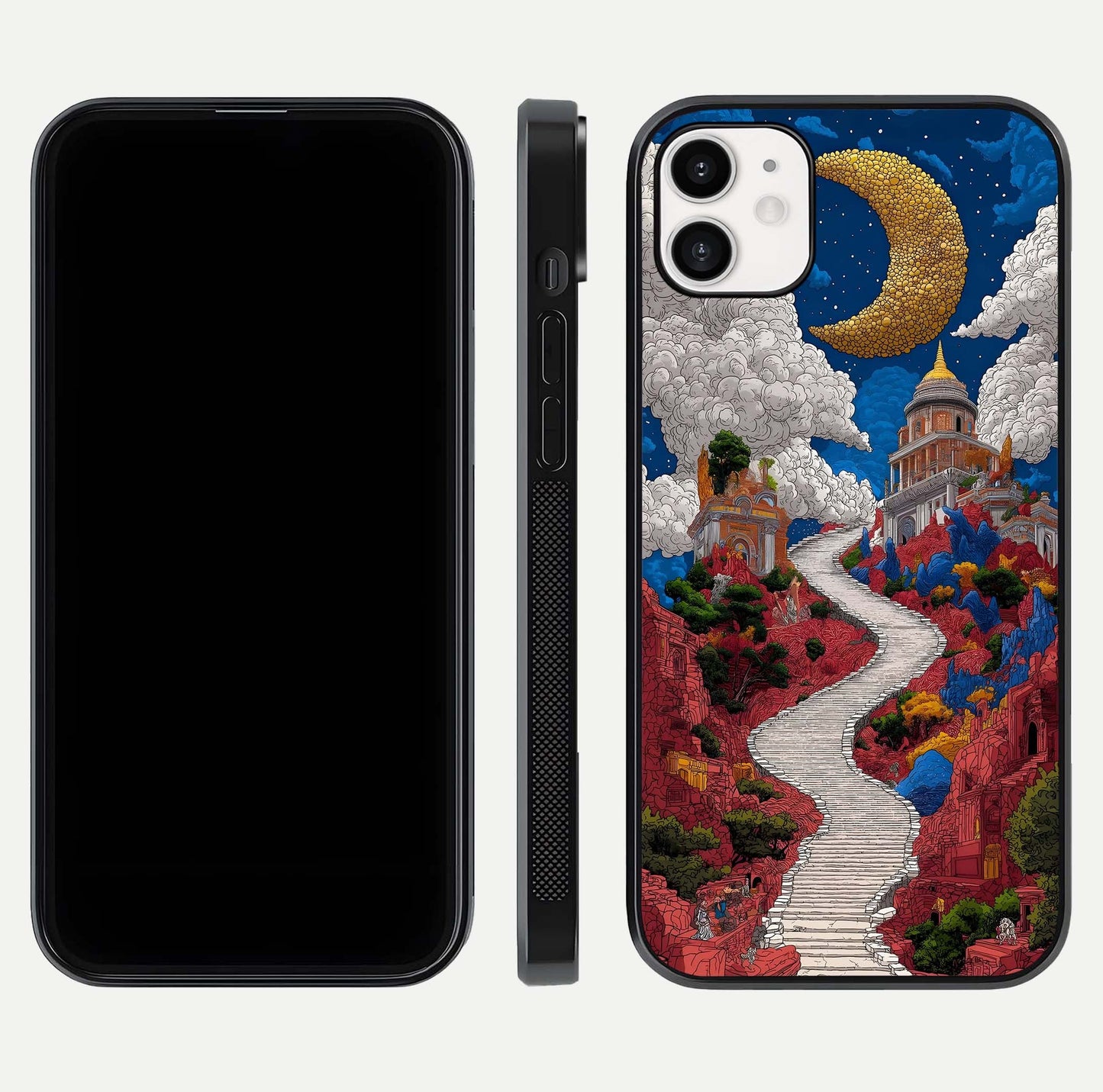 Heavenly Moon Path Glass Case for iphone-12 front and back view layout displaying night sky tones and curved glass edges