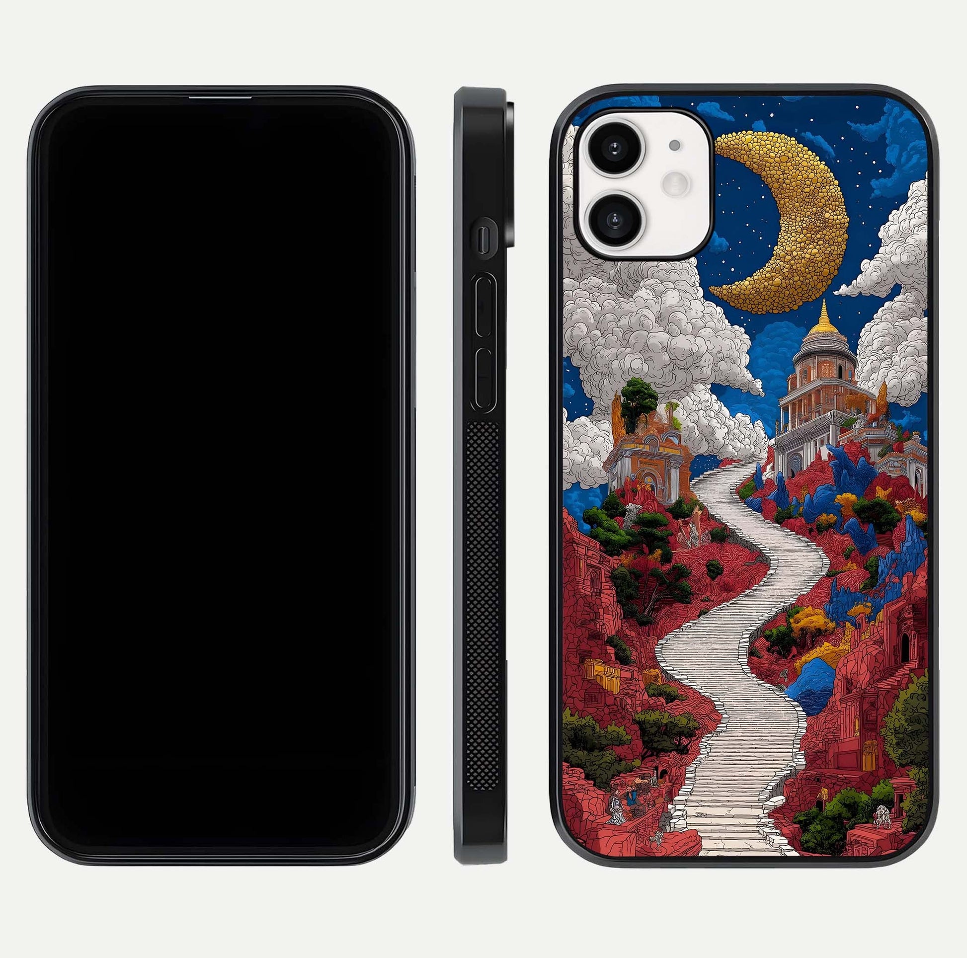Heavenly Moon Path Glass Case for iphone-12 front and back view layout displaying night sky tones and curved glass edges