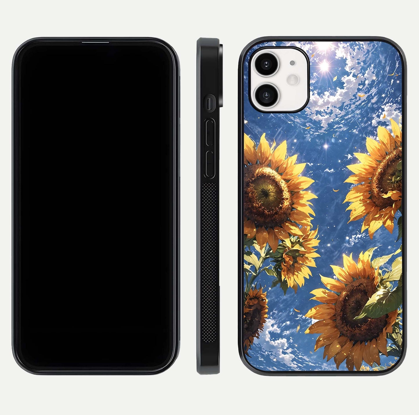Heavenly Sunflower Rise Glass Case for iphone-12 front and back view layout highlighting golden floral tones and curved edges