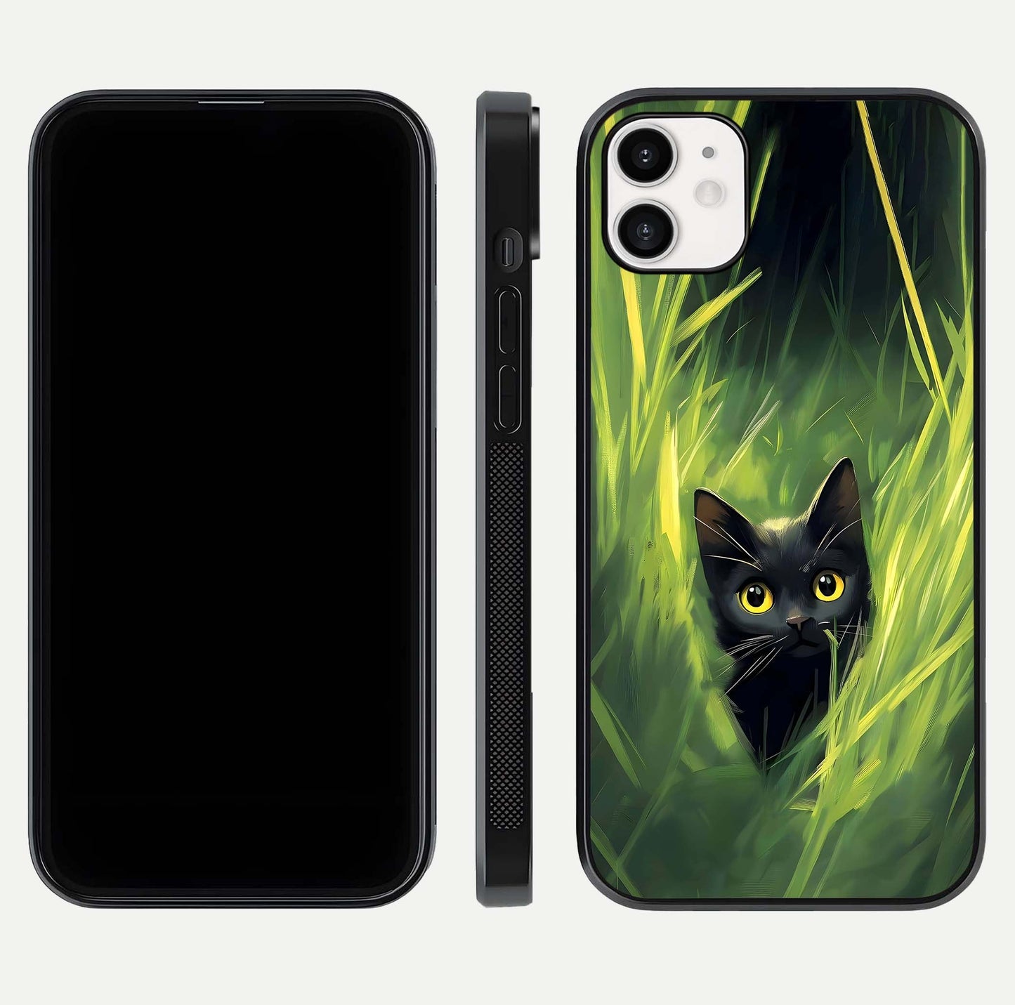 Hidden Cat Whisper Glass Case for iphone-12 front and back view layout highlighting minimalist art and curved edges