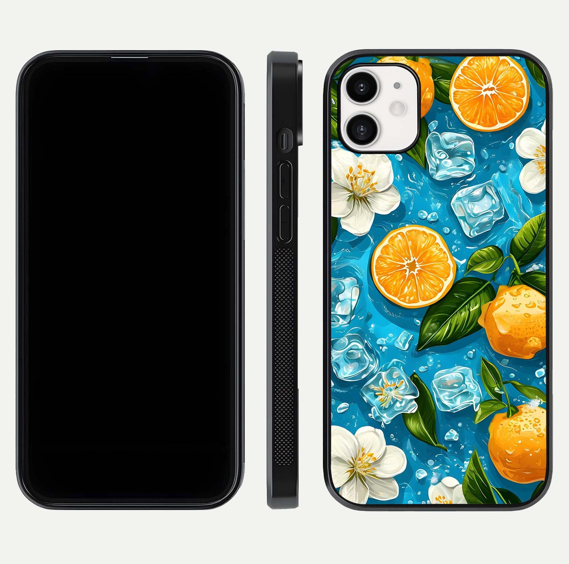Ice Cube With Orange Glass Case for iphone-12 front and back view layout highlighting fresh orange tones and curved edges