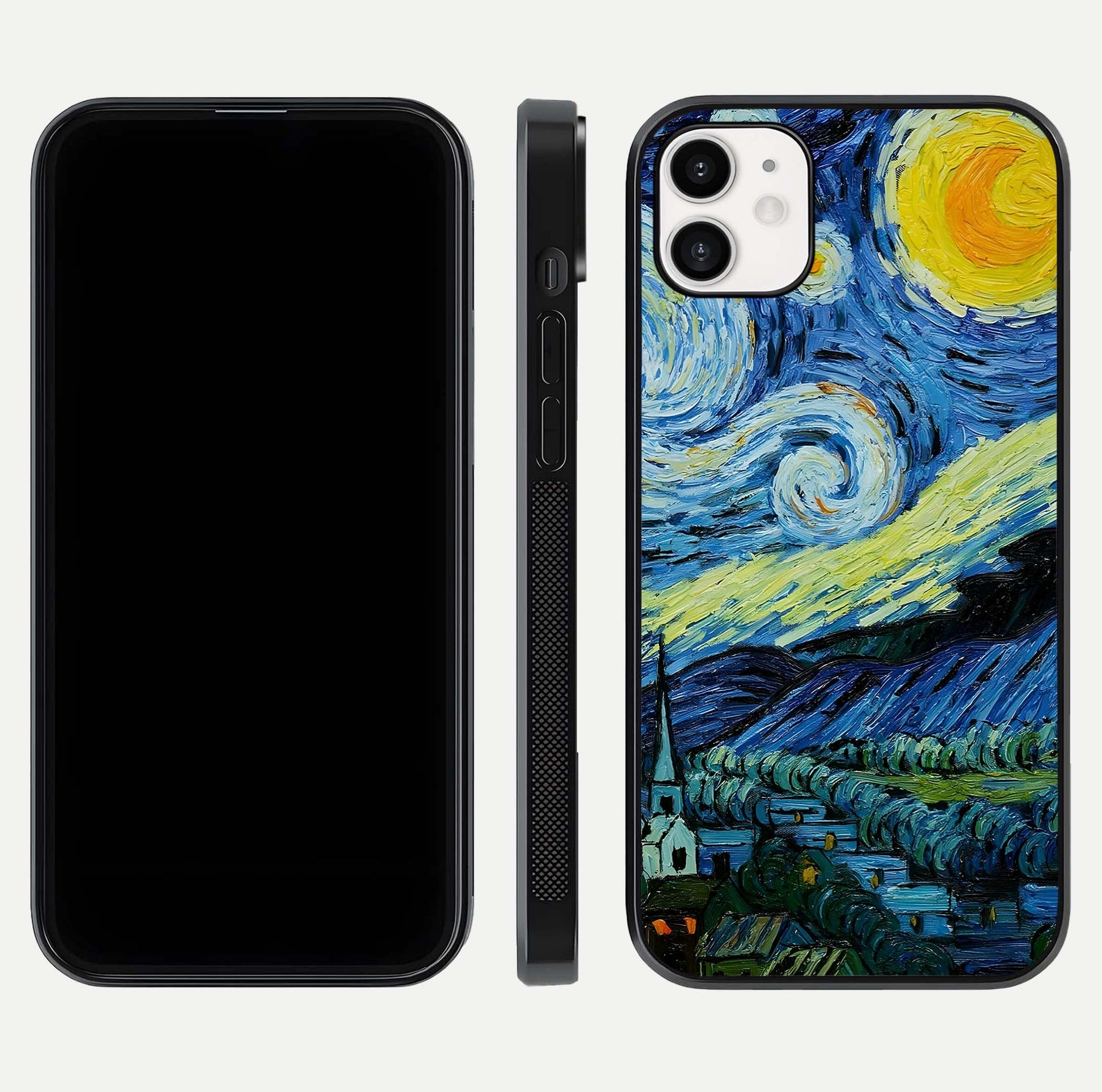 Inspired Van Gogh Art Glass Case for iphone-12 front and back view layout displaying vivid color tones and curved glass edges