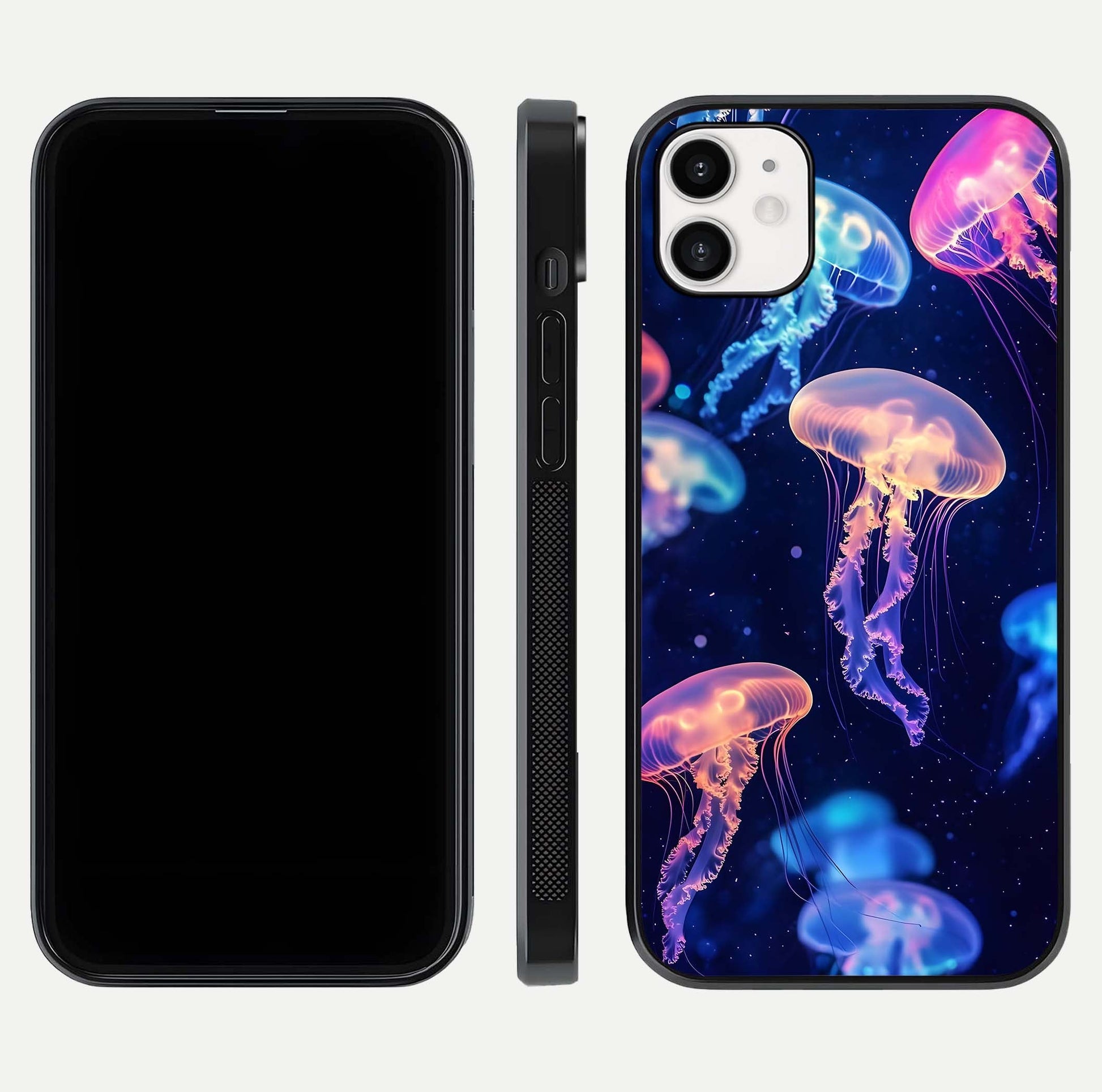 Jellyfish Pattern Glass Case for iphone-12 front and back view layout highlighting aquatic tones and curved edges