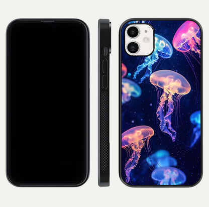 Jellyfish Pattern Glass Case for iphone-12 front and back view layout highlighting aquatic tones and curved edges