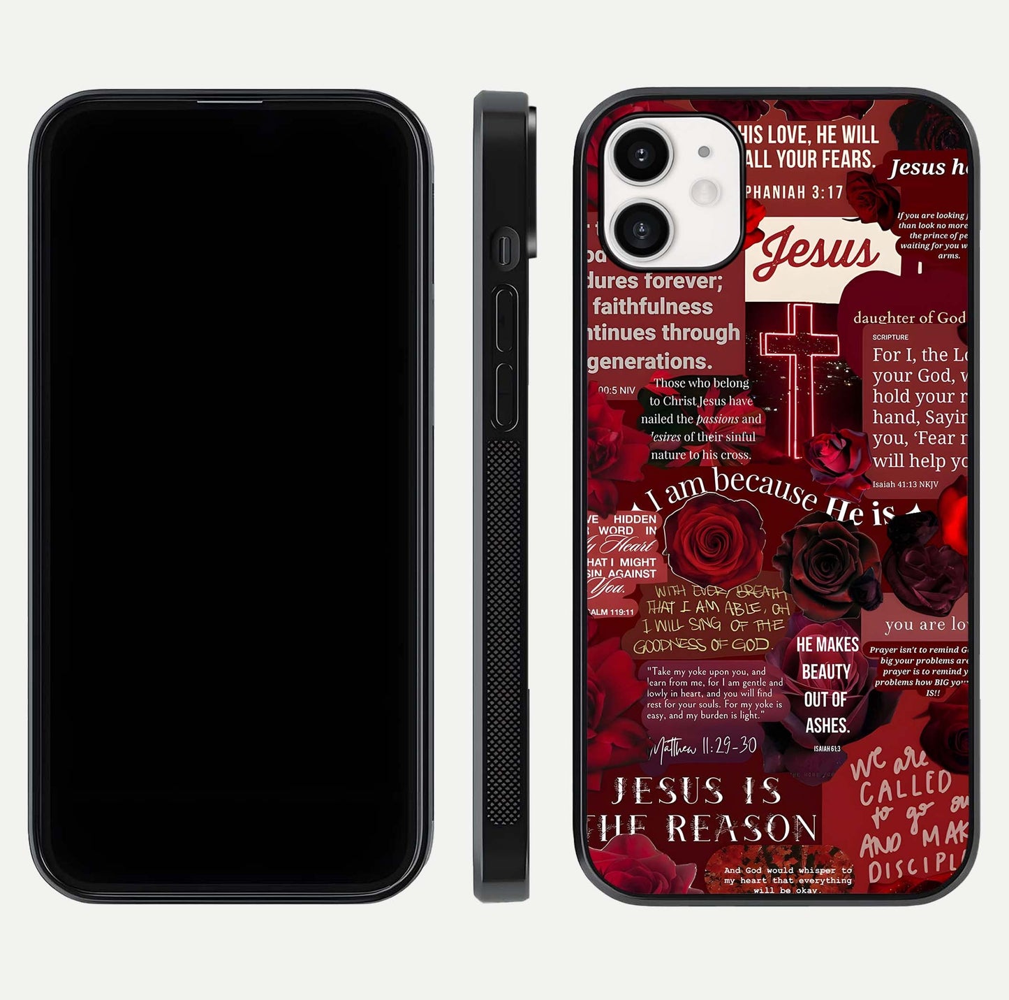 Jesus Love Heals Glass Case for iphone-12 front and back view layout with elegant typography and smooth edges