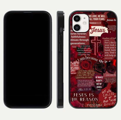 Jesus Love Heals Glass Case for iphone-12 front and back view layout with elegant typography and smooth edges