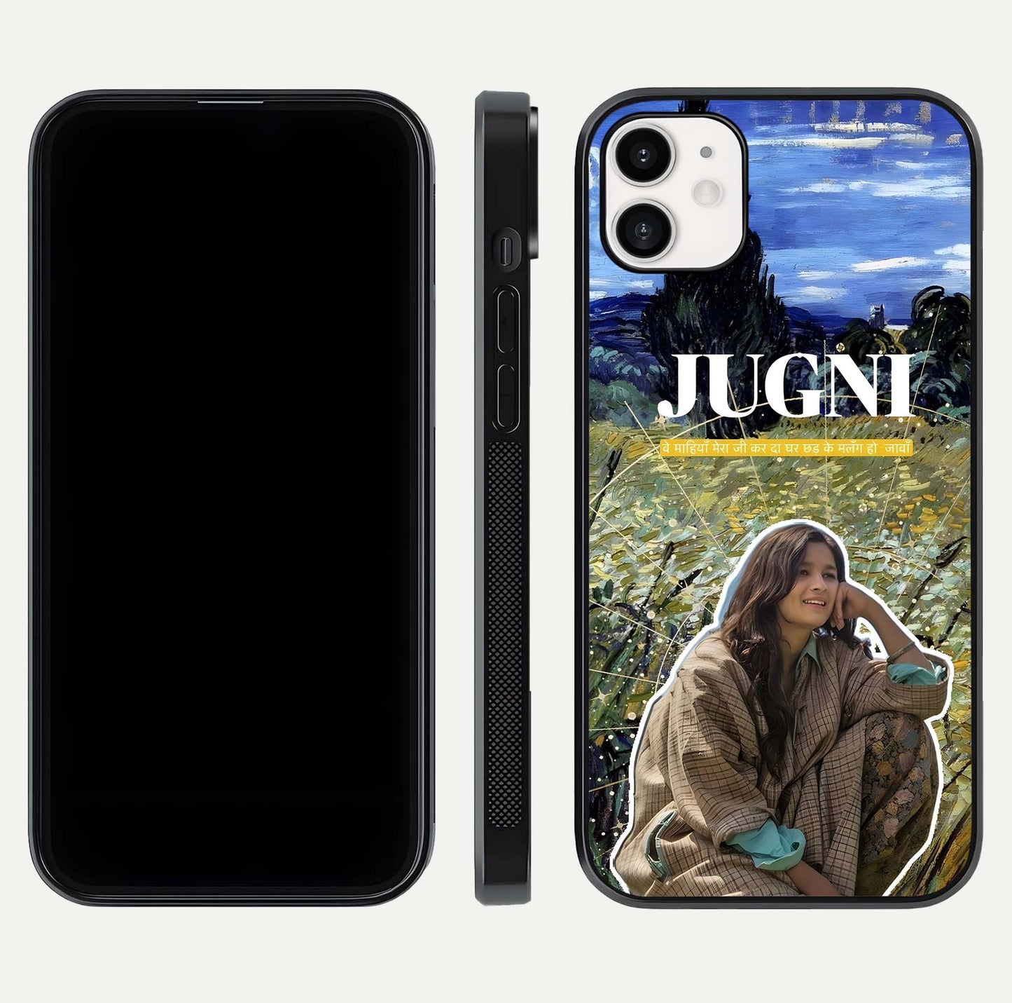 Jugni Soul Vibes Glass Case for iphone-12 front and back view layout highlighting desi art and curved glass edges