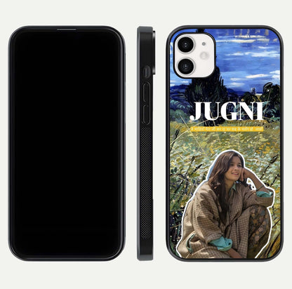 Jugni Soul Vibes Glass Case for iphone-12 front and back view layout highlighting desi art and curved glass edges