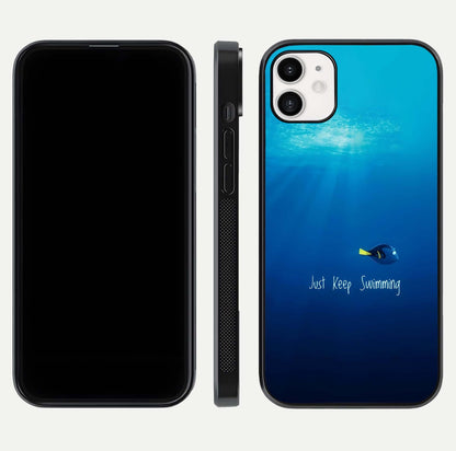 Just Keep Swimming Glass Case for iphone-12 front and back view layout with smooth glass edges and HD text clarity