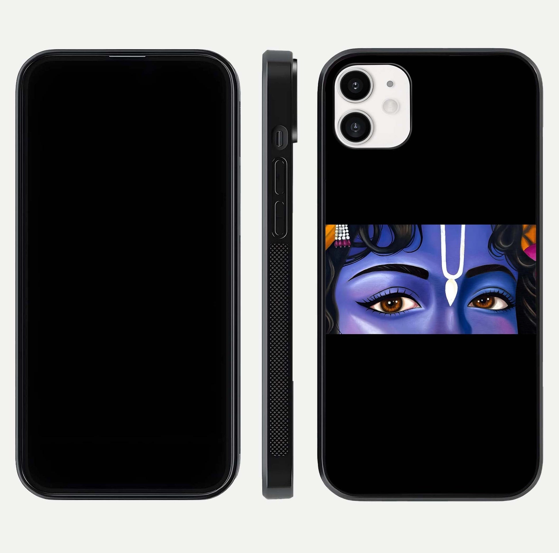 Krishna Eye Glass Case for iphone-12 front and back view layout highlighting detailed spiritual motif