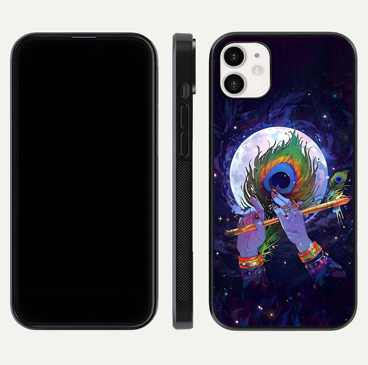 Krishna Hands Art Glass Case for iphone-12 front and back view layout displaying soft edges and spiritual tones