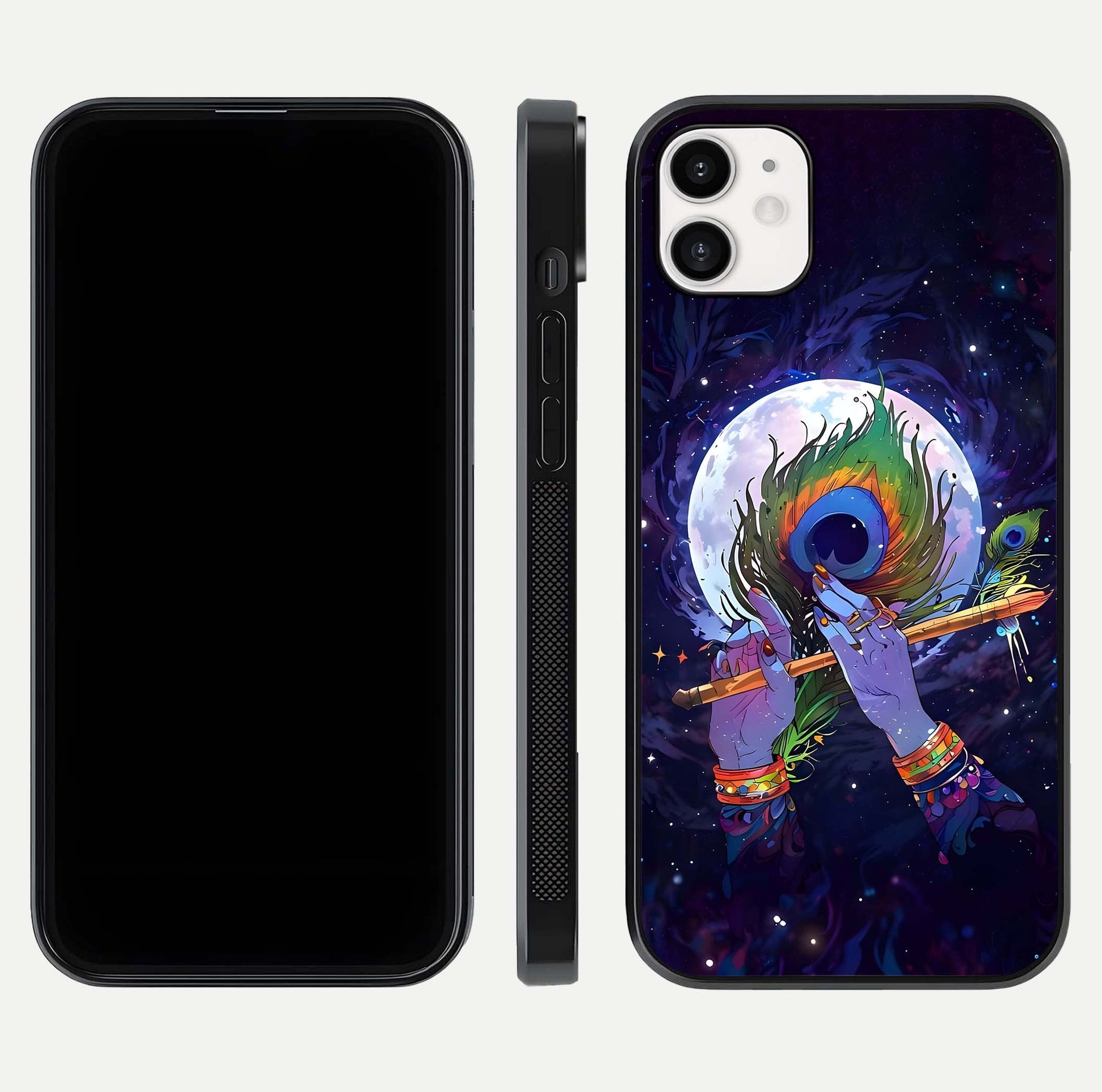 Krishna Hands Art Glass Case for iphone-12 front and back view layout displaying soft edges and spiritual tones