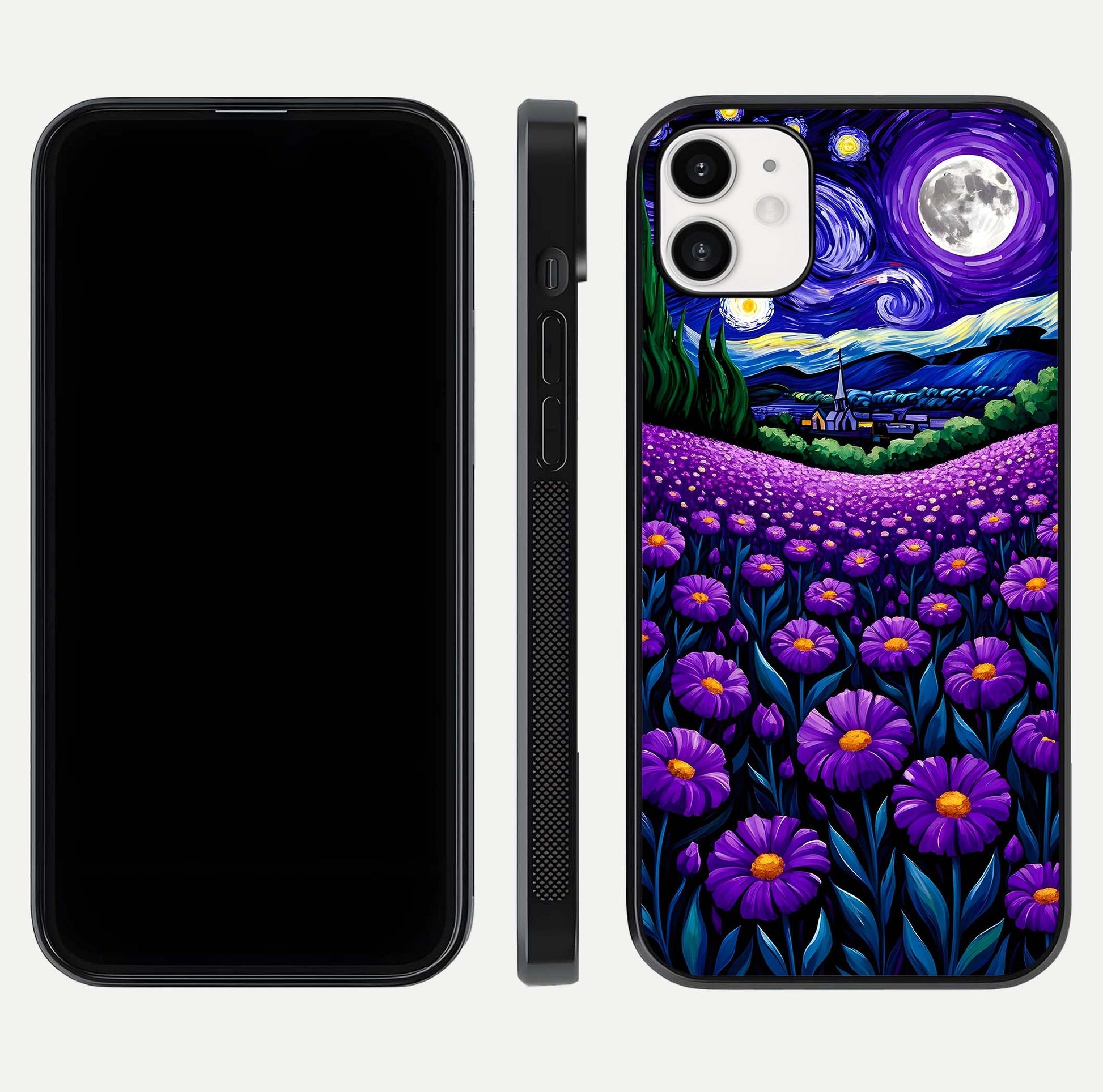 Lavender Moon Field Glass Case for iphone-12 front and back view layout with soft gradient and curved edges