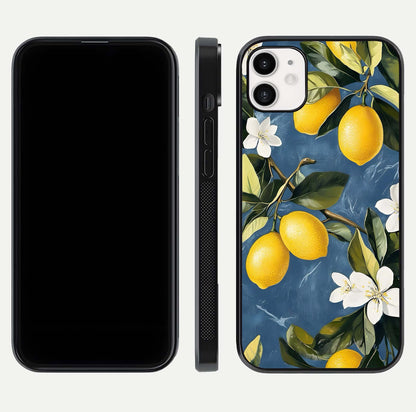 Lemon Dream Garden Glass Case for iphone-12 front and back view layout highlighting garden tones and edges