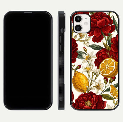 Lemon Rose Charm Glass Case for iphone-12 front & back layout highlighting soft yellow tones and curved edges