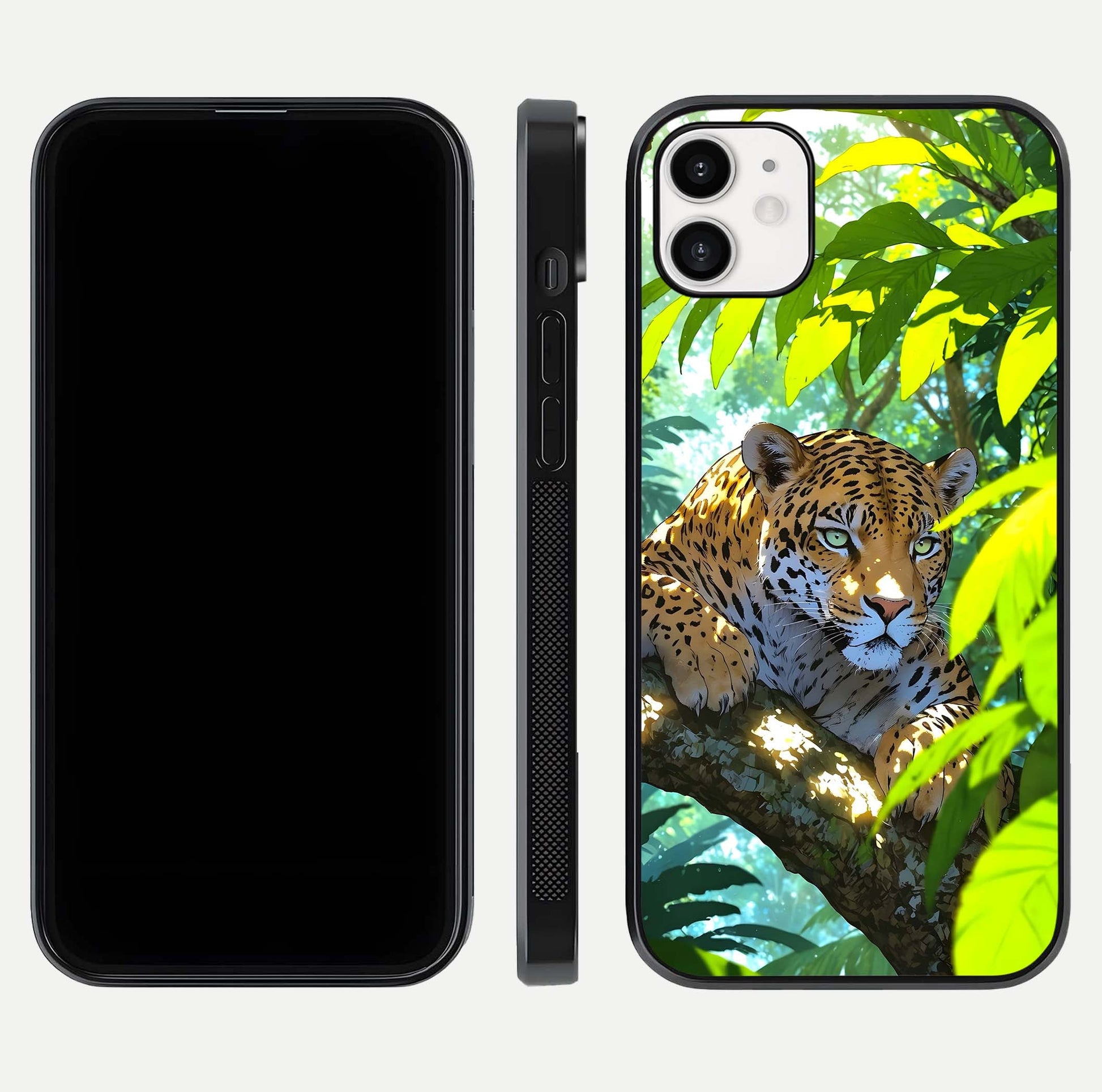 Leopard in Jungle Glass Case for iphone-12 front & back layout with premium edge detailing and vivid jungle art
