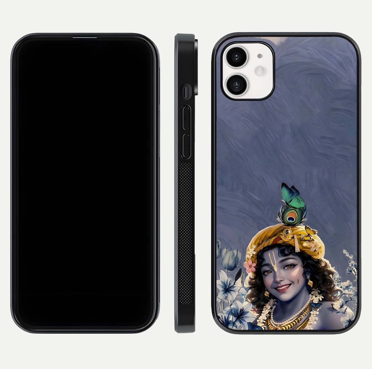 Lord Krishna Glass Case for iphone-12 front & back layout displaying soft tones and elegant edges