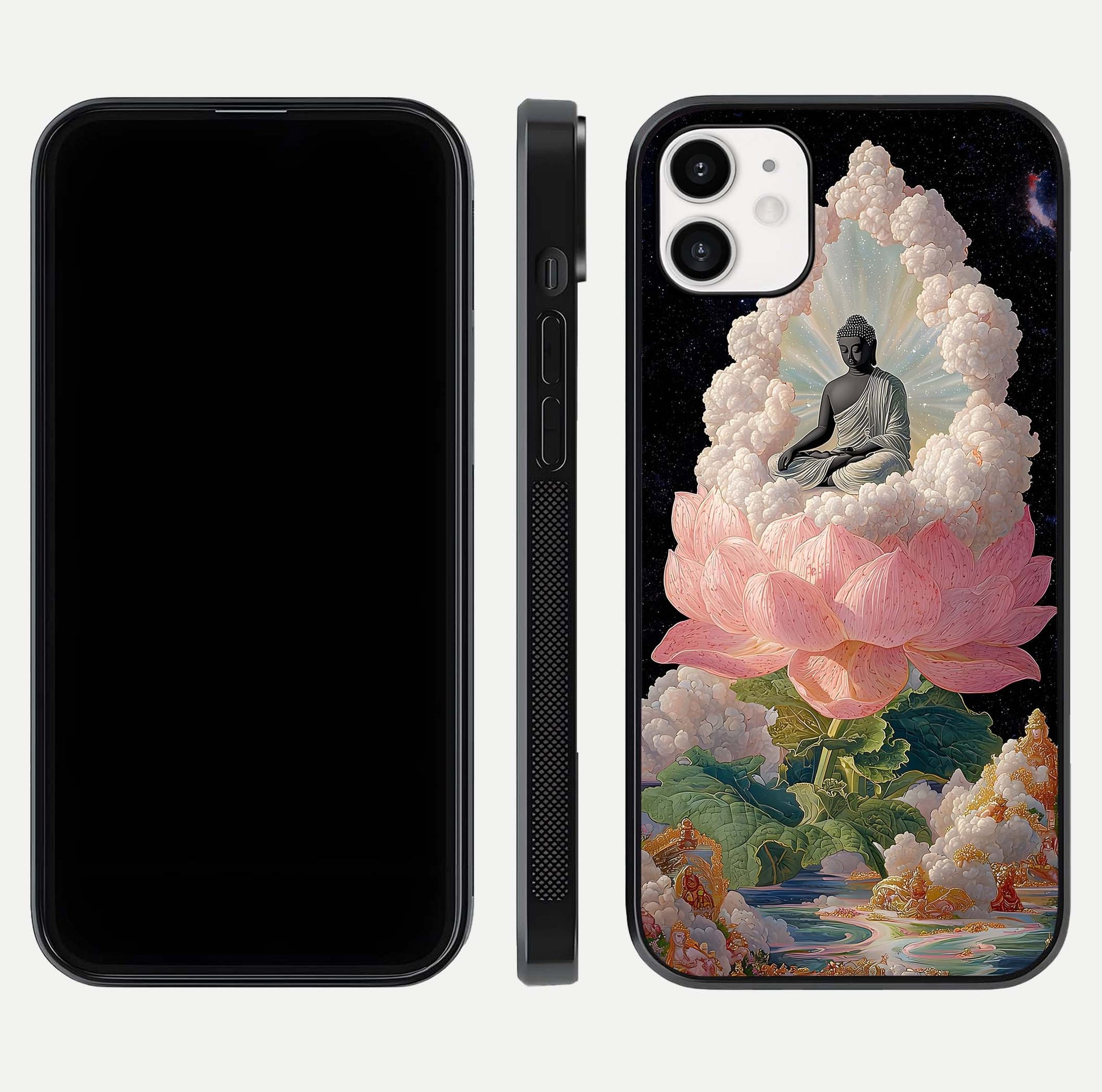 Lotus Divine Peace Glass Case for iphone-12 front & back layout highlighting soft pink hues and curved edges
