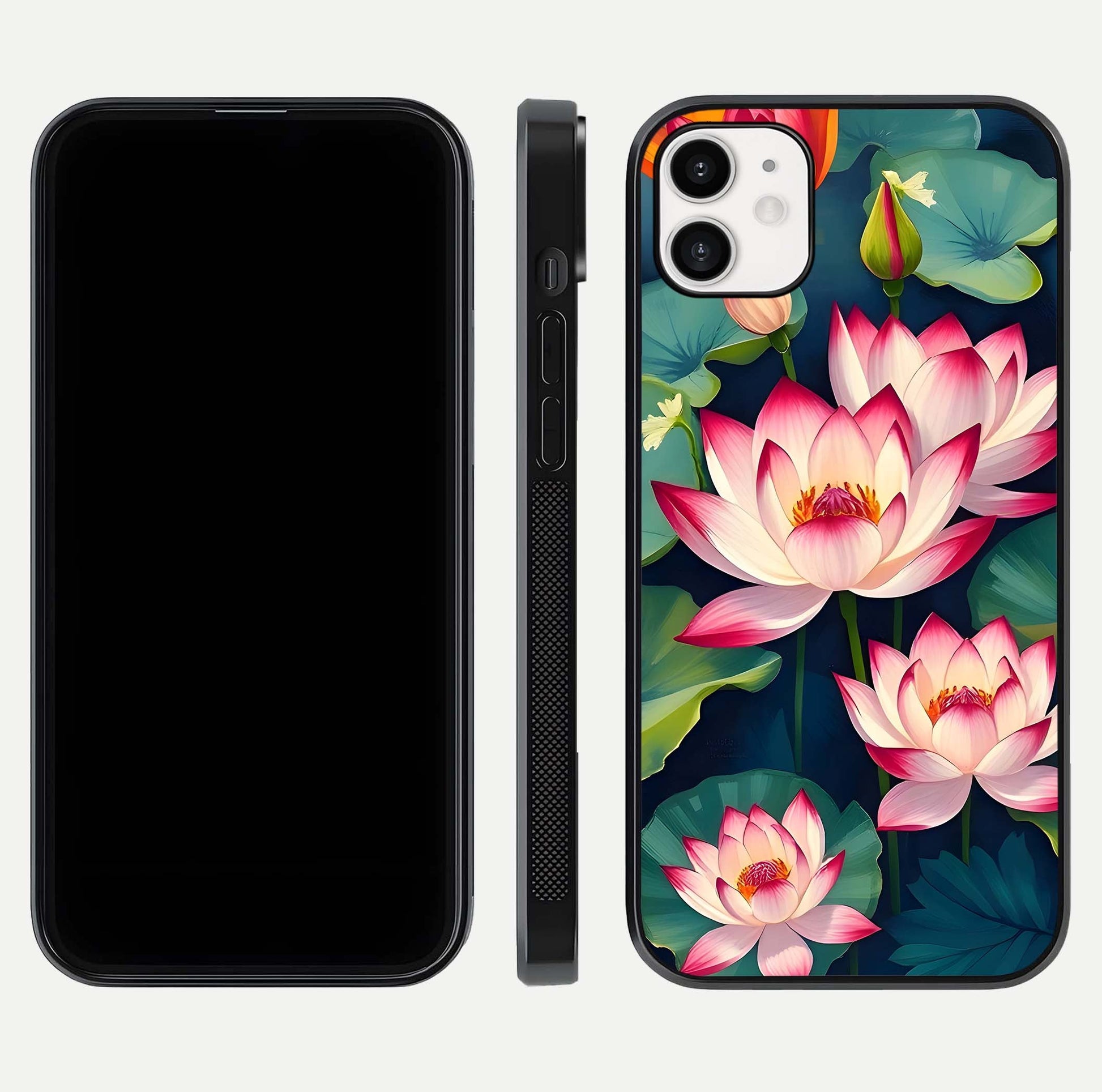 Lotus Dream Serenity Glass Case for iphone-12 front & back layout with elegant finish and edge curve