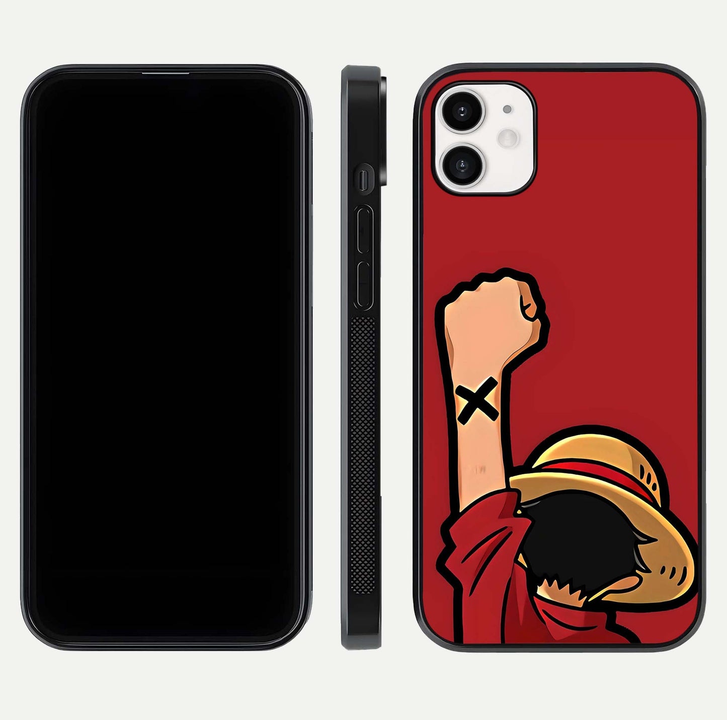 Luffy X Spirit Glass Case for iphone-12 front & back layout displaying anime theme and curved edges