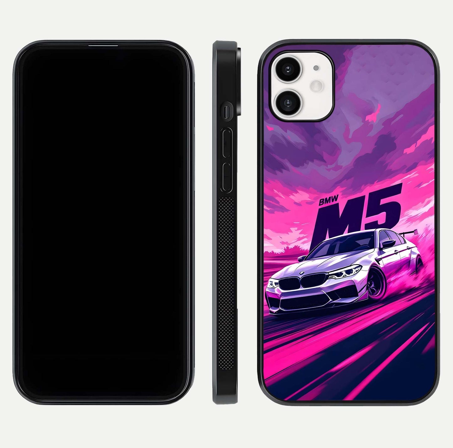 MS Neon Car Glass Case for iphone-12 front & back layout highlighting automotive art and curved design