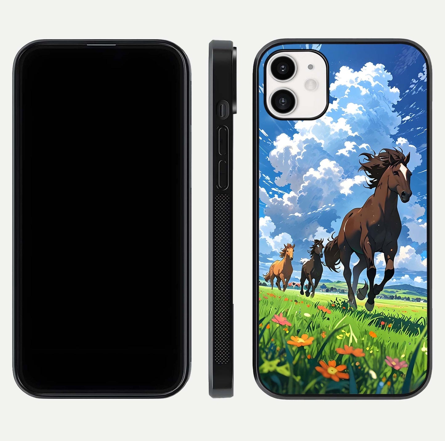 Majestic Horses Galloping Glass Case for iphone-12 front & back layout highlighting dynamic design and edges