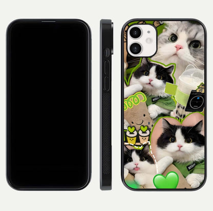 Matcha Cats Mood Glass Case for iphone-12 front & back layout highlighting cute theme and smooth edges