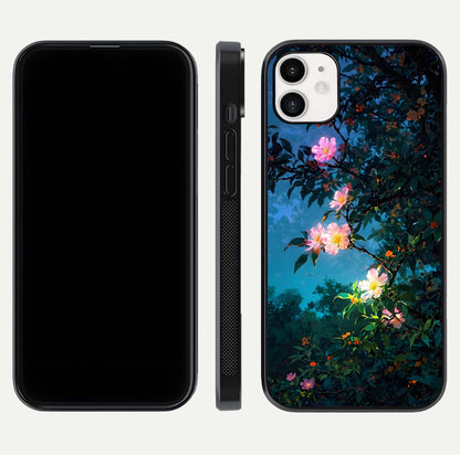 Midnight Bloom Glow Glass Case for iphone-12 front & back layout highlighting moody tones and smooth finish