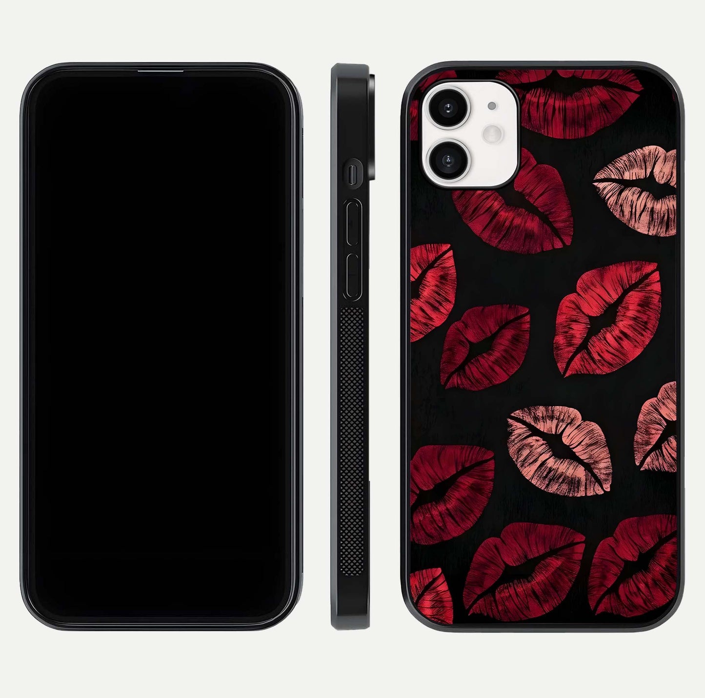 Midnight Kiss Love Glass Case for iphone-12 front & back view layout showing romantic theme and smooth curves