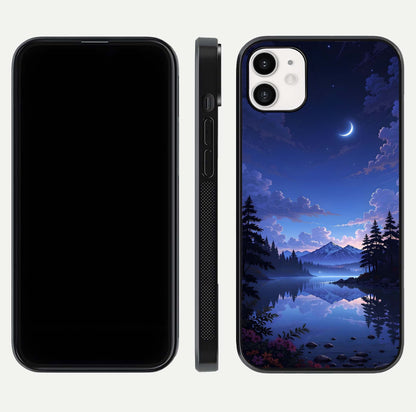 Midnight Lake Peace Glass Case for iphone-12 front & back layout highlighting calm design and curved edges